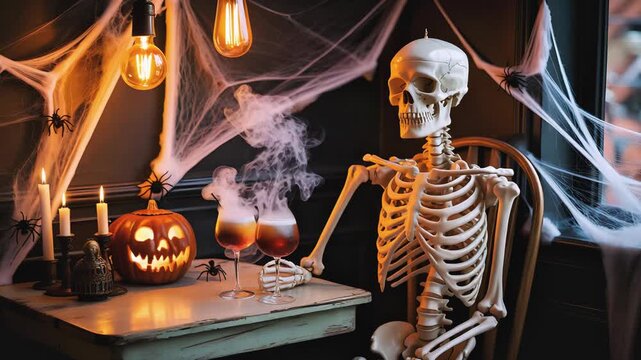 Cinematic Halloween Caf&eacute; Video with Skeleton, Jack-O&rsquo;-Lantern, and Smoky Cocktails in Amber Lighting