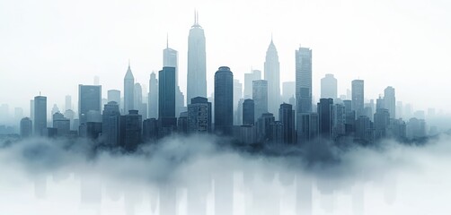 Fototapeta premium Modern city skyline emerges from thick fog or clouds. Tall glass skyscrapers rise into bright, hazy sky. Urban business center with reflective water below.