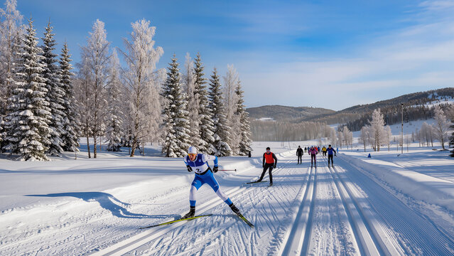 Cross-country Skiers in Snowy Landscape with Clear Blue Sky and Frosted Trees during a Winter Sports Event. Image made using Generative AI.