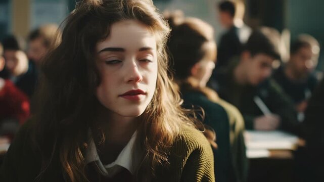 A young woman with a contemplative expression, sitting at her desk in school, surrounded by other students.