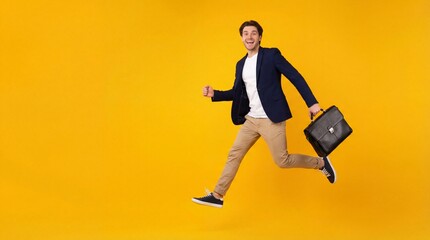 Energetic man jumping with briefcase on yellow background