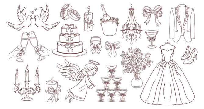 Hand drawn wedding celebration elements collection. Doodle icons. Holiday illustrations for wedding invitations. Sketch. - Powered by Adobe