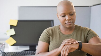 Woman checking smartwatch in office setting