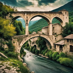Two-Level Stone Bridge in a Greek Mountain Village