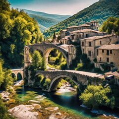 Stone Bridge Over Turquoise River in a Greek Mountain Village
