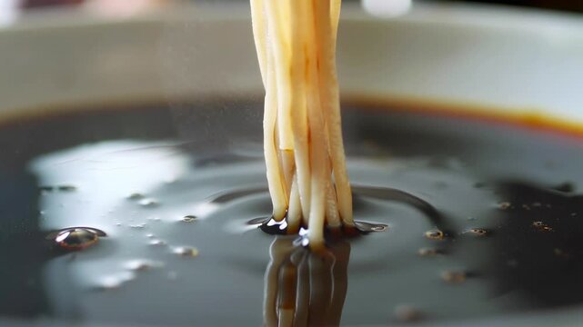 Ultra-macro shot of chilled soba noodles dipping into dark sauce, surface trembling with tiny ripples and micro splashes, droplets clinging to strands, subtle steam haze for rich food detail.