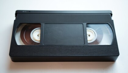 Black VHS tape lies on white background. Classic analog media format for storing video recordings and sound. Vintage magnetic tape cassette object.