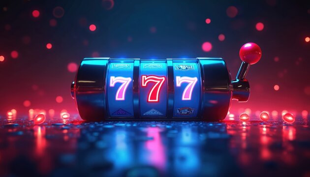 Illustration presents a glowing slot machine. Neon lights illuminate the lucky sevens symbols. This design captures a casino environment with a dynamic gaming concept of success.