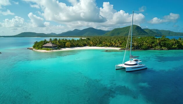 Catamaran floats in clear turquoise ocean near tropical island shore with palm trees. A resort bungalow sits on white sand beach. Hills form distant background under blue sky with clouds.