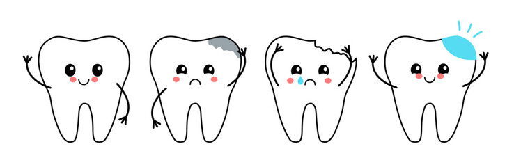 Cute cartoon illustration of teeth showing dental health stages, from healthy to decayed, with smiling and sad expressions. Perfect for dental care and education