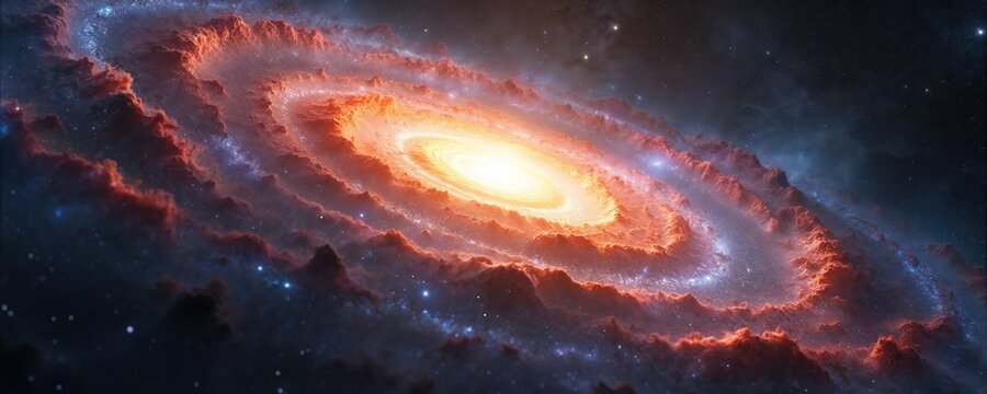 Radiant spiral galaxy shines bright in deep space. Glowing orange, red cosmic clouds form arms around luminous core. Distant stars sprinkle across blue nebulae, creating dynamic, beautiful unknown