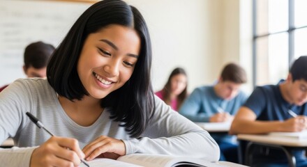 Smiling young Asian student writing notes in a textbook during a class, focused on successful learning and academic achievement in a diverse classroom.