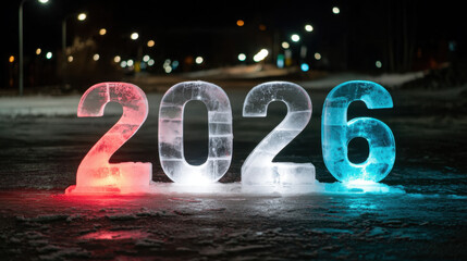 Colorful glowing ice numbers forming 2026 displayed outdoors on a snowy winter night