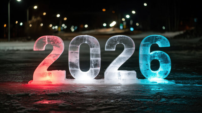 Colorful glowing ice numbers forming 2026 displayed outdoors on a snowy winter night