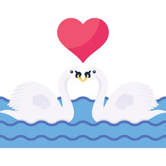 Two white swans forming a heart shape with their necks below a red heart symbol on a white background with blue waves