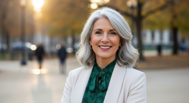 Elegant and successful senior woman with stylish gray hair, smiling confidently at the camera outdoors in an autumn city park setting.