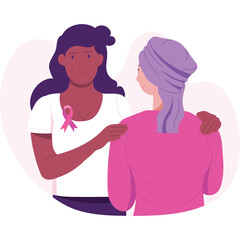 Two women embrace one supporting the other with a pink ribbon on a white shirt in solidarity for breast cancer awareness with a transparent background