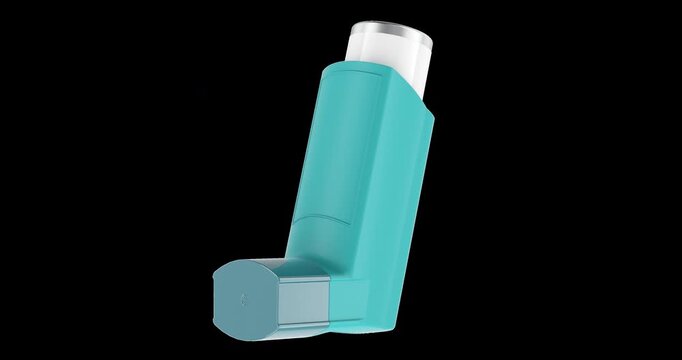 Blue asthma inhaler rotation animation seamlessly loopable. 3D rendering isolated on transparent background