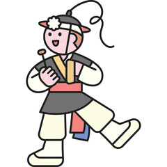 Joyful Traditional Korean Dancer in Folk Costume with Flowing Sash and Decorative Headpiece Performing a Lively Step on Transparent Background