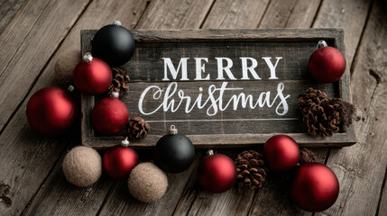 Merry Christmas sign on rustic wooden background surrounded by festive red black and beige ornaments and pine cones creating a warm holiday atmosphere