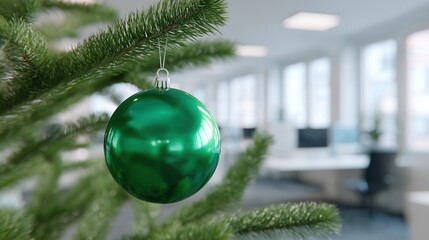 Green christmas ornament hanging in modern office interior