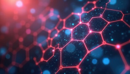 Red molecular grid pattern overlays dark blue background with glowing particles. Abstract digital network connects nodes, suggesting scientific or tech themes. Futuristic data structure.