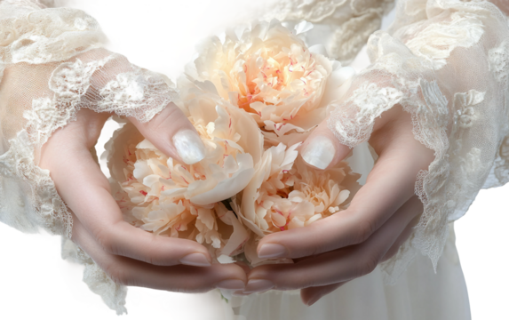 Romantic wedding scene with bride holding fresh blooming peony flowers in graceful bouquet isolated on transparent background PNG