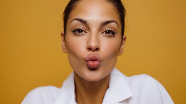 Young hispanic female puckering lips against yellow background
