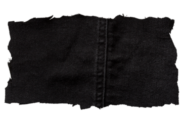 Torn black denim patch with central seam and frayed edges on transparent background for fashion texture or mockup