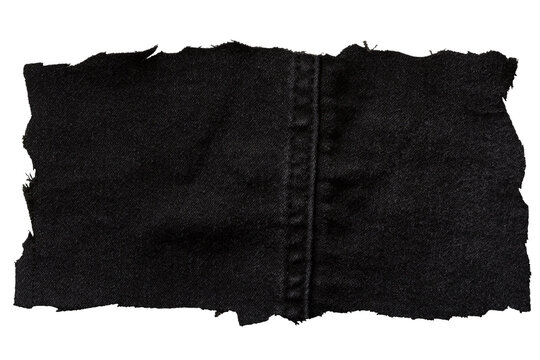 Torn black denim patch with central seam and frayed edges on transparent background for fashion texture or mockup