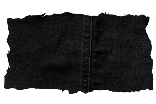 Torn black denim patch with central seam and frayed edges on transparent background for fashion texture or mockup