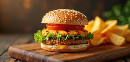 Halloumi burger with potato chips on wooden board. Appetizing vegetarian sandwich with tomato and lettuce. Food photography for restaurant menu design. Perfect lunch snack.