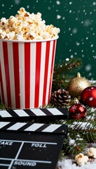 Christmas movie night still life featuring a red-and-white popcorn bucket, snowy pine branches, glittering ornaments and a film clapperboard, capturing a warm festive cinematic winter mood.