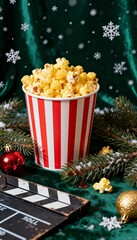 Festive scene of a Christmas movie night with a bucket of popcorn, snowflakes, pine branches and a film clapperboard on a green background, creating a cozy winter cinematic atmosphere.
