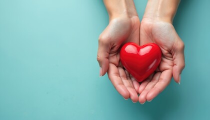 Two hands gently hold shiny red heart shape against soft teal backdrop. Image conveys love compassion, health awareness. Offers ample space for text overlays. Perfect for medical relationship themes.