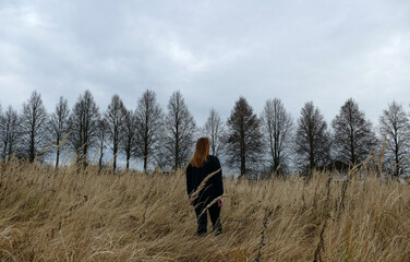 A woman stands alone in a golden meadow, surrounded by tall dry grass. She faces away, enjoying the peaceful rural landscape under a cloudy sky.