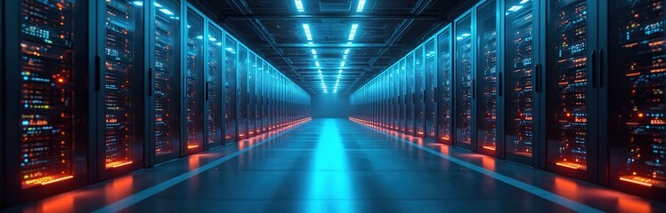 Rows of glowing computer servers stretch into dark distance. Blue and orange lights flash on rack units. This is modern data center interior showing information tech.
