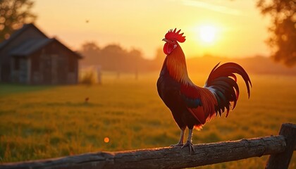 Proud colorful rooster with bright red comb perches on old wooden fence. Golden sun rays illuminate serene farm field, old rustic barn, misty rural countryside. Peaceful early morning scene,