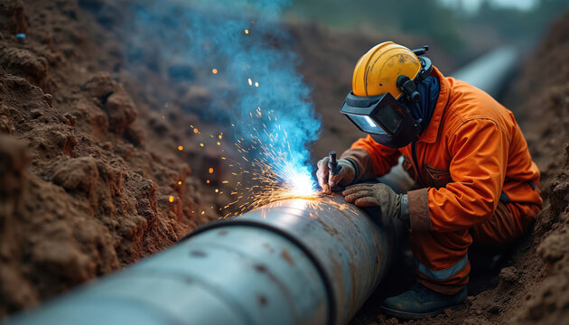 Pro welder works on large metal pipeline in dug trench. Uses arc welding, creating bright sparks, blue smoke. Man wears safety helmet, mask, orange protective gear for heavy industrial construction,