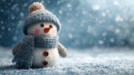 Snowman in a blue hat and scarf on a snowy winter day