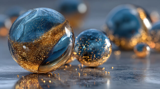multiple transparent blue spheres infused with vibrant, reflective gold glitter and particles, resting on a wet, dark surface. Ideal for luxury backgrounds or concept art.