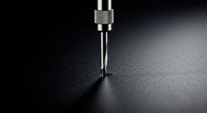 A sharp metallic instrument penetrates a taut surface, illustrating precision and pressure required for puncturing and creating an opening ,immediate ,severe ,pierce