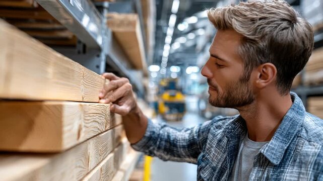 man choosing wooden planks in lumber section of hardware store, comparing sizes, organized retail interior, copy space