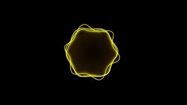 Glowing yellow circular sound bubble with soft oscillating ring waves simulating an artificial intelligence voice assistant responding to voice on a pure black background