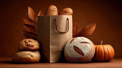 A still life arrangement of baked goods, including artisan bread, rolls, and a pumpkin, presented within a brown paper bag, accented by autumnal leaves, set against a rich brown backdrop.