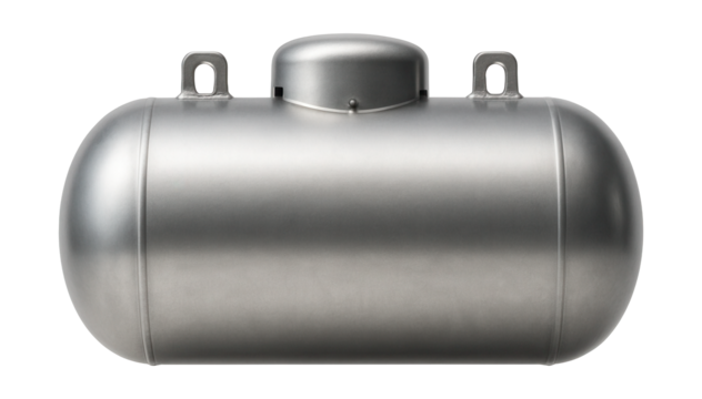 Horizontal propane tank with rounded ends and lifting lugs.