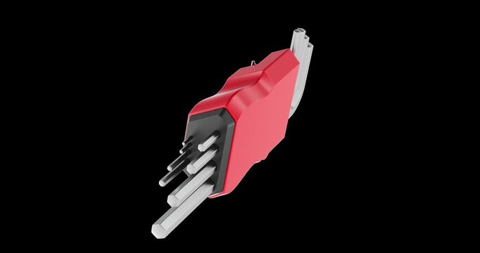 Set of hex wrenches, Allen key set, rotation animation seamlessly loopable. 3D rendering isolated on transparent background