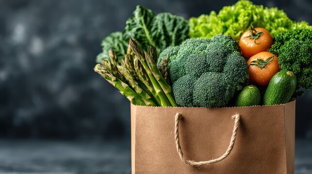A paper bag filled with fresh, vibrant green vegetables, including broccoli, asparagus, lettuce, and zucchini, is presented against a dark backdrop.