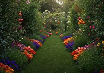 A winding, richly saturated garden path leading toward an abundant harvest of ripe, colorful fruit and lush vegetation ,healthy ,damp ,way