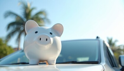 White piggy bank sits on car hood. Saving money for future car purchases, auto insurance, vehicle maintenance costs, travel expenses. Financial planning for retirement, big expenses, holiday trips